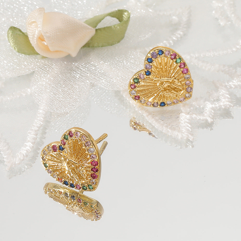 Wholesale Copper Micropaved Zircon Virgin Mary Heart Earrings